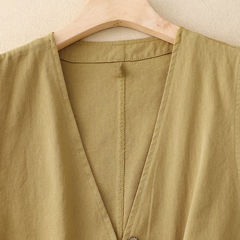 Buddha Stones Solid Color Front Buttons Sleeveless Women's Cotton Waistcoat With Pockets - image 1