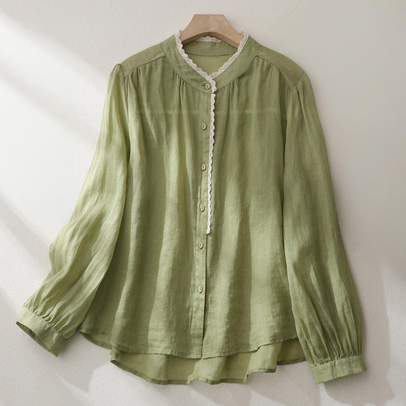 Buddha Stones Pure Color Lace Design Long Lantern Sleeve Women's Cotton Linen Shirt - YellowGreen - US14，UK/AU18，EU46 (2XL) - image 1