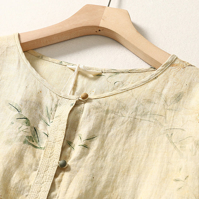 Buddha Stones Commute Chinese Frog-Button Long Lantern Sleeve Women's Cotton Linen Shirt - image 3