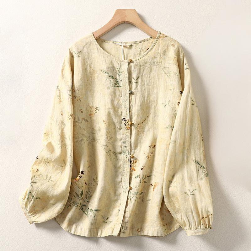 Buddha Stones Commute Chinese Frog-Button Long Lantern Sleeve Women's Cotton Linen Shirt - LemonChiffon - US12，UK/AU16，EU44 (2XL) - image 1