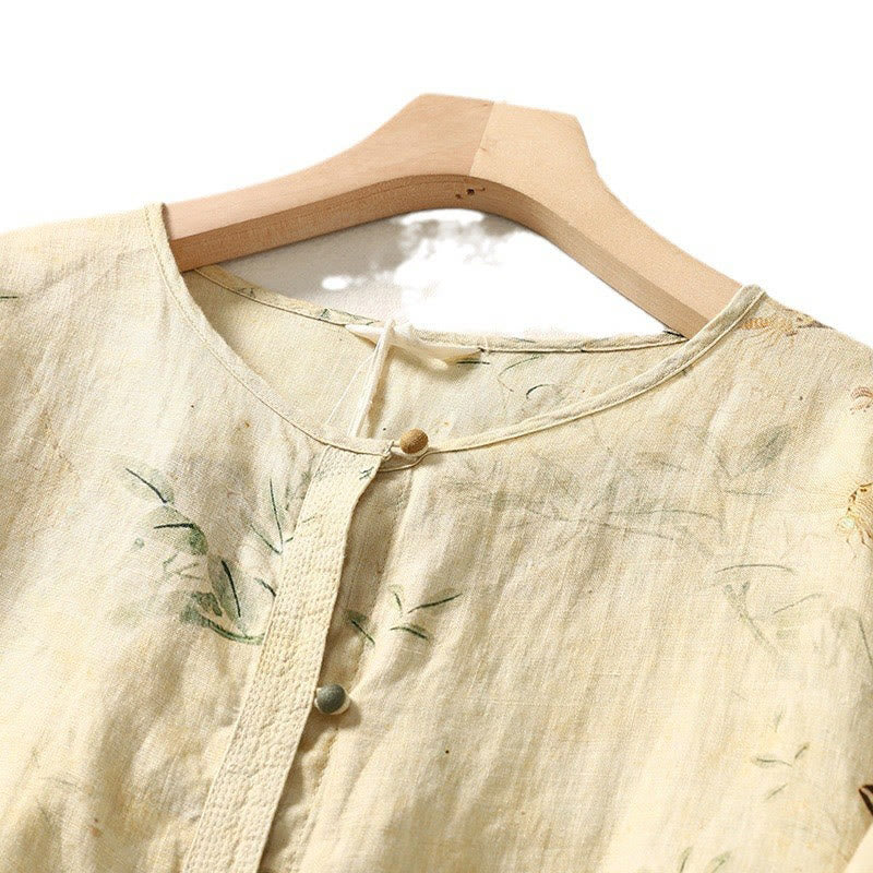 Buddha Stones Commute Chinese Frog-Button Long Lantern Sleeve Women's Cotton Linen Shirt - image 4