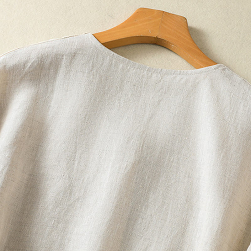 Buddha Stones Spring Plain Buttons Design V-Neck Long Sleeve Women's Cotton Linen Shirt - image 5