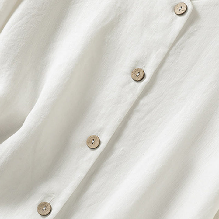 Buddha Stones Spring Plain Buttons Design V-Neck Long Sleeve Women's Cotton Linen Shirt - image 15