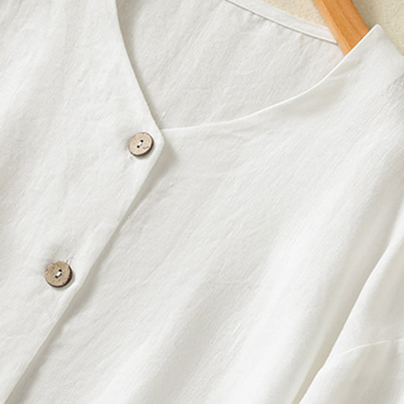 Buddha Stones Spring Plain Buttons Design V-Neck Long Sleeve Women's Cotton Linen Shirt - image 13