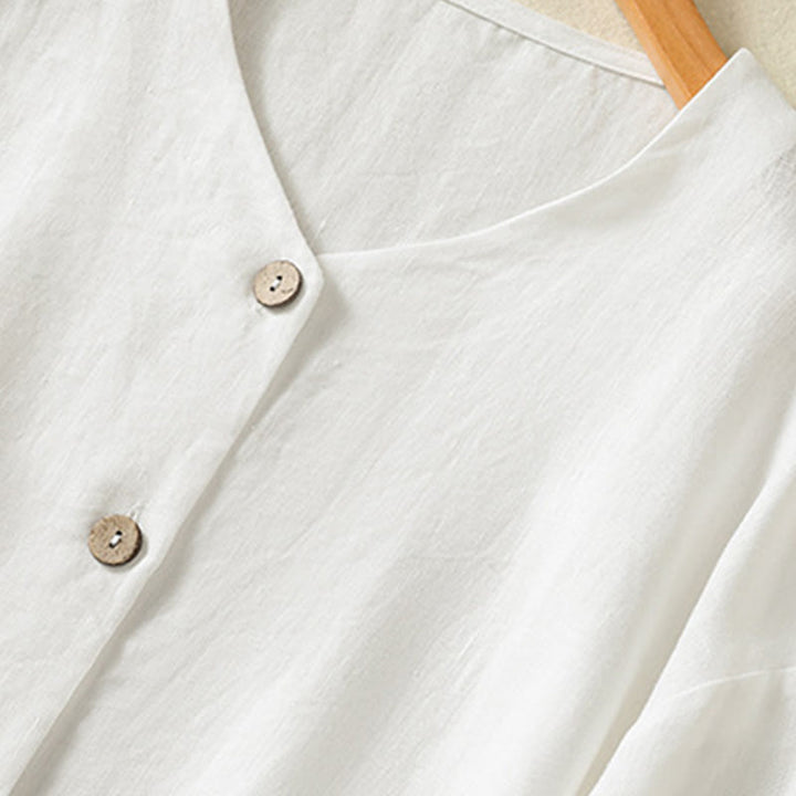Buddha Stones Spring Plain Buttons Design V-Neck Long Sleeve Women's Cotton Linen Shirt - image 13