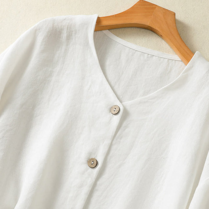 Buddha Stones Spring Plain Buttons Design V-Neck Long Sleeve Women's Cotton Linen Shirt - image 12