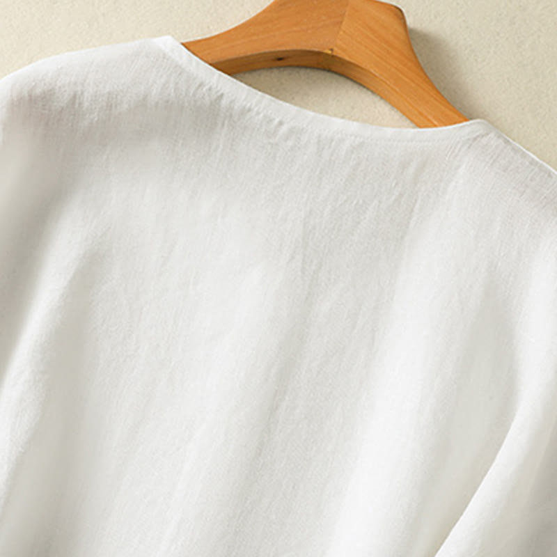 Buddha Stones Spring Plain Buttons Design V-Neck Long Sleeve Women's Cotton Linen Shirt - image 14