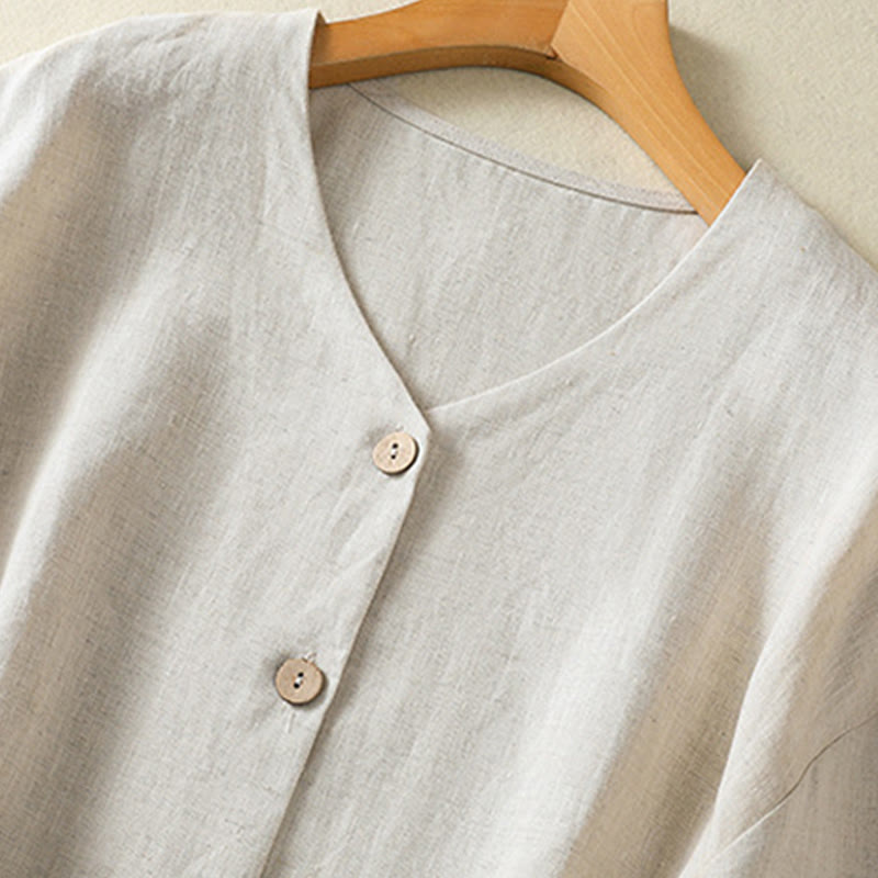 Buddha Stones Spring Plain Buttons Design V-Neck Long Sleeve Women's Cotton Linen Shirt - image 2