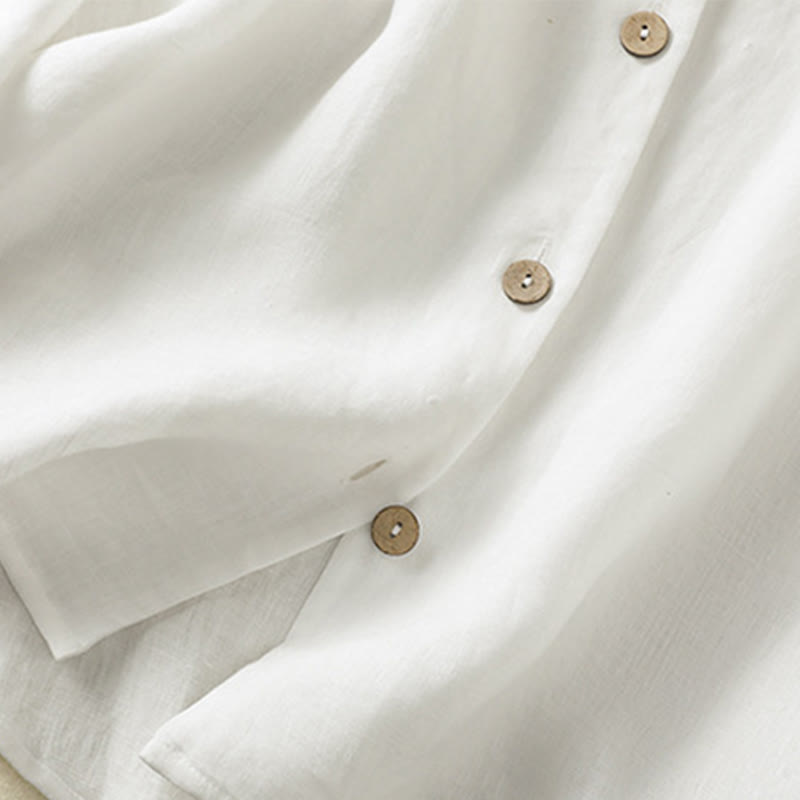 Buddha Stones Spring Plain Buttons Design V-Neck Long Sleeve Women's Cotton Linen Shirt - image 16