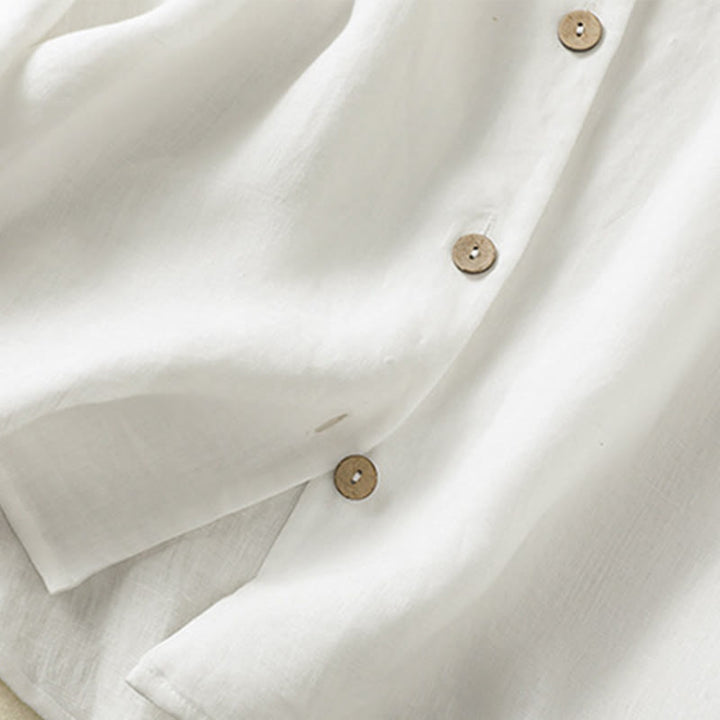 Buddha Stones Spring Plain Buttons Design V-Neck Long Sleeve Women's Cotton Linen Shirt - image 16
