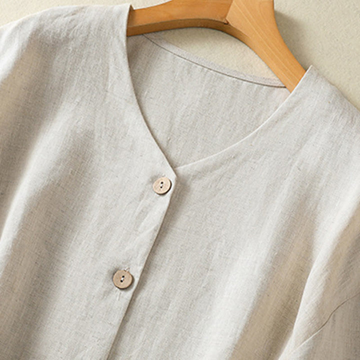 Buddha Stones Spring Plain Buttons Design V-Neck Long Sleeve Women's Cotton Linen Shirt - image 3