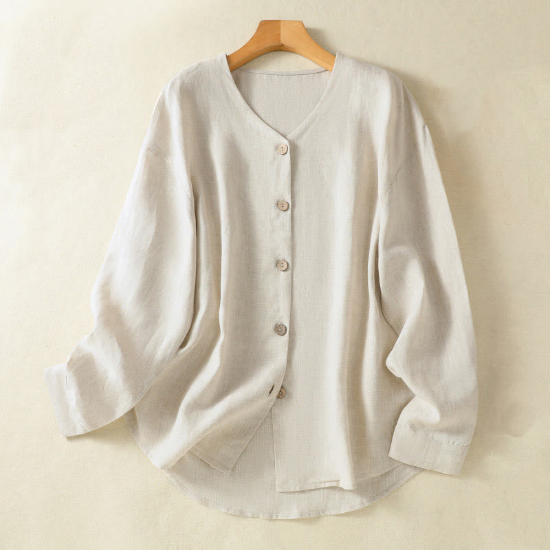 Buddha Stones Spring Plain Buttons Design V-Neck Long Sleeve Women's Shirt - Linen - US14，UK/AU18，EU46 (2XL) - image 0