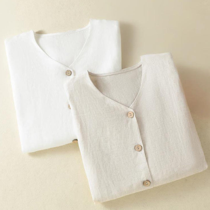 Buddha Stones Spring Plain Buttons Design V-Neck Long Sleeve Women's Cotton Linen Shirt - image 20