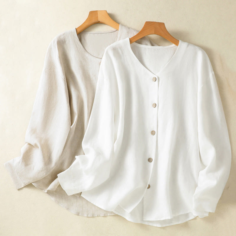 Buddha Stones Spring Plain Buttons Design V-Neck Long Sleeve Women's Cotton Linen Shirt - image 19