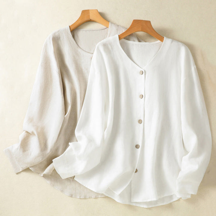 Buddha Stones Spring Plain Buttons Design V-Neck Long Sleeve Women's Cotton Linen Shirt - image 19