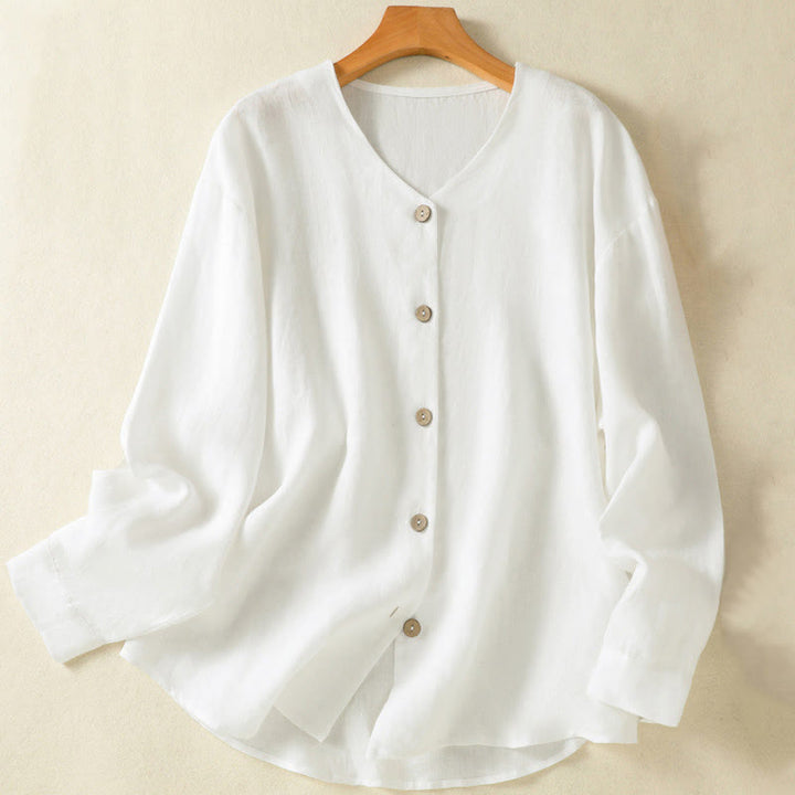 Buddha Stones Spring Plain Buttons Design V-Neck Long Sleeve Women's Cotton Linen Shirt - White - US14，UK/AU18，EU46 (2XL) - image 10