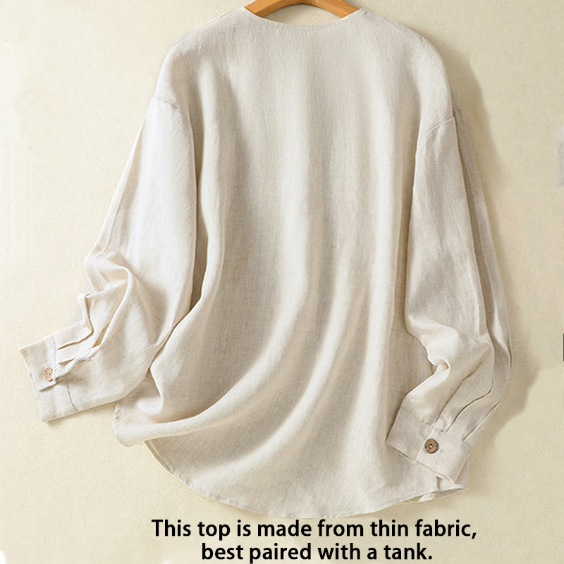 Buddha Stones Spring Plain Buttons Design V-Neck Long Sleeve Women's Cotton Linen Shirt - image 2