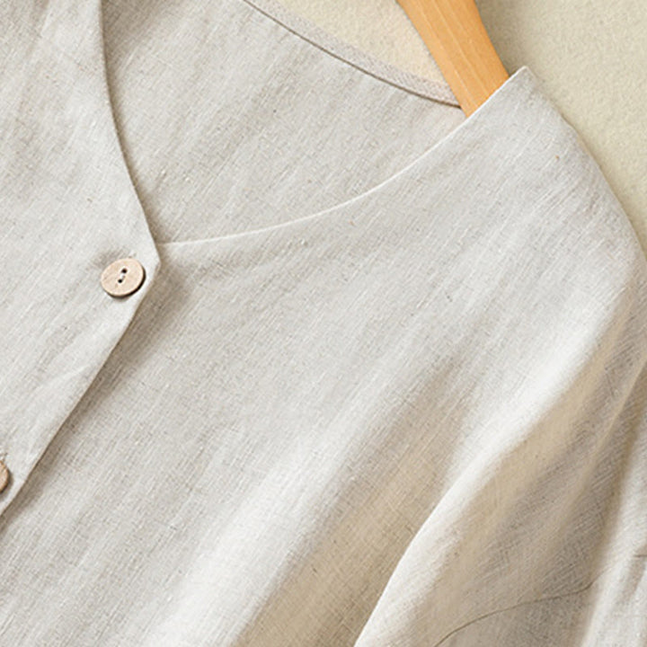 Buddha Stones Spring Plain Buttons Design V-Neck Long Sleeve Women's Cotton Linen Shirt - image 4