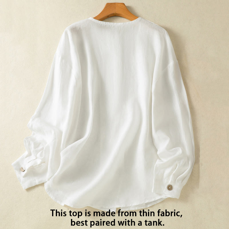 Buddha Stones Spring Plain Buttons Design V-Neck Long Sleeve Women's Cotton Linen Shirt - image 11