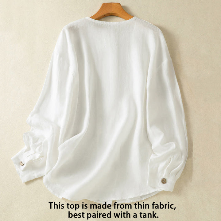Buddha Stones Spring Plain Buttons Design V-Neck Long Sleeve Women's Cotton Linen Shirt - image 11