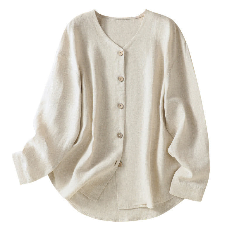 Buddha Stones Spring Plain Buttons Design V-Neck Long Sleeve Women's Cotton Linen Shirt - image 9