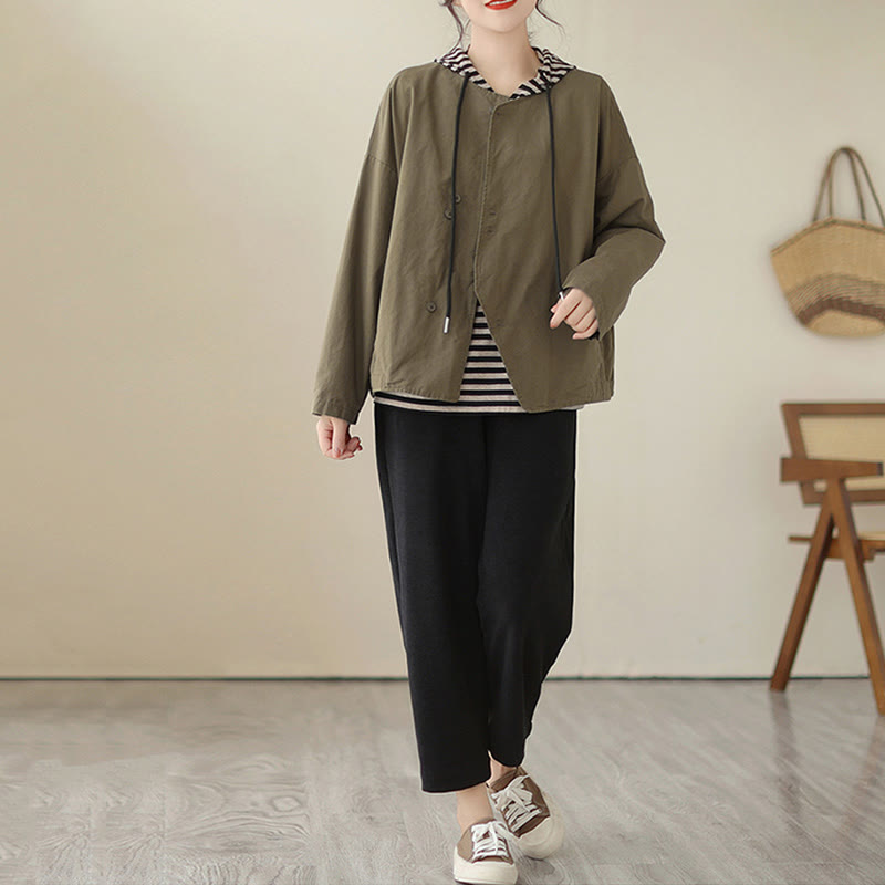 Buddha Stones Spring Plain Asymmetry Design Long Sleeve Women's Cotton Linen Jacket With Pockets - image 16
