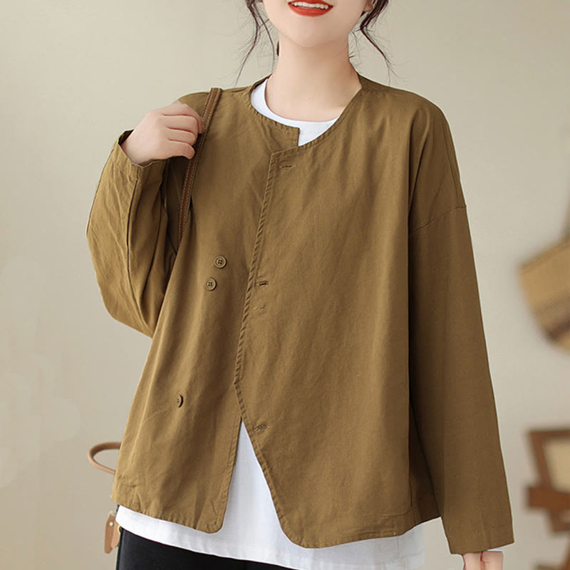 Buddha Stones Spring Plain Asymmetry Design Long Sleeve Women's Cotton Linen Jacket With Pockets - image 7