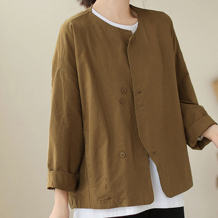 Buddha Stones Spring Plain Asymmetry Design Long Sleeve Women's Cotton Linen Jacket With Pockets - DarkGoldenrod - US12，UK/AU16，EU44 (2XL) - image 5