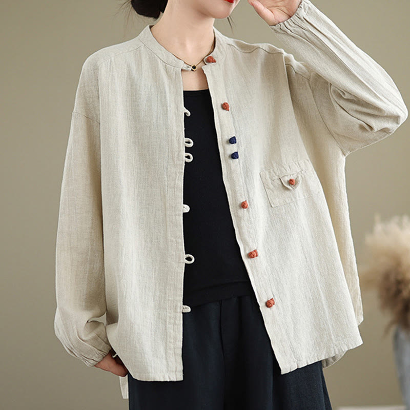 Buddha Stones Colorful Buttons Design Long Sleeve Women's Cotton Linen Shirt - Beige - US14，UK/AU18，EU46 (2XL) - image 1
