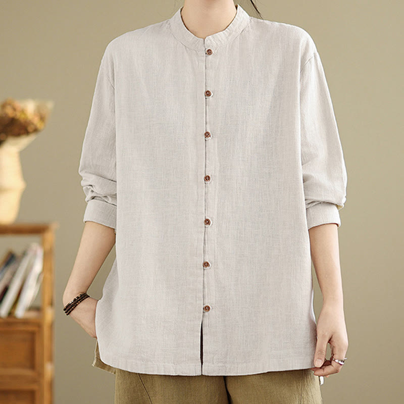 Buddha Stones Solid Color Front Buttons Design Long Sleeve Women's Cotton Linen Shirt - image 5