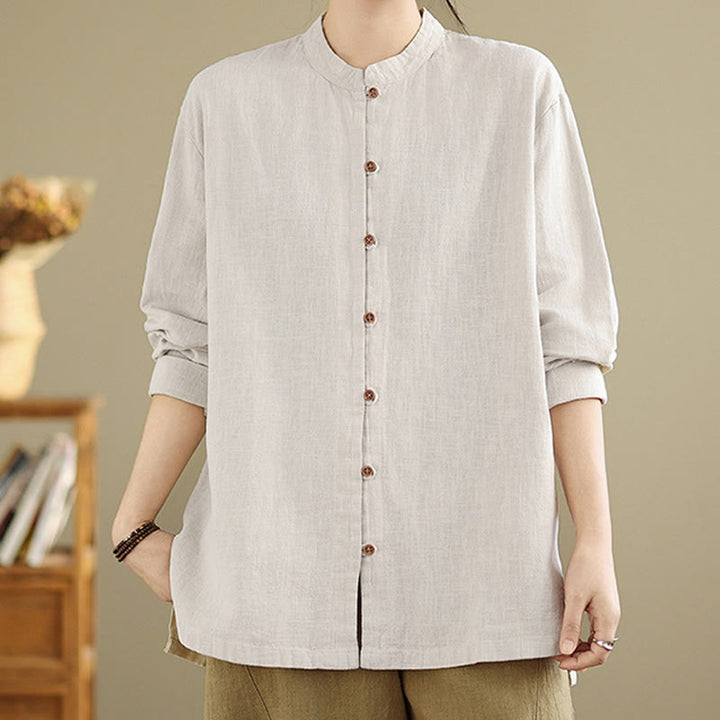 Buddha Stones Solid Color Front Buttons Design Long Sleeve Women's Cotton Linen Shirt - image 5