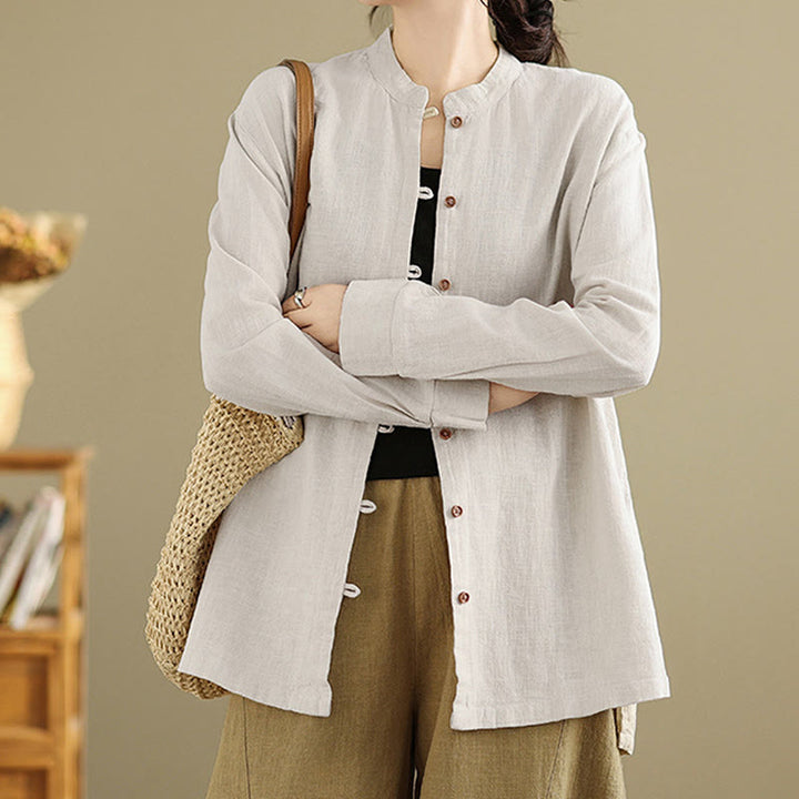 Buddha Stones Solid Color Front Buttons Design Long Sleeve Women's Cotton Linen Shirt - image 4