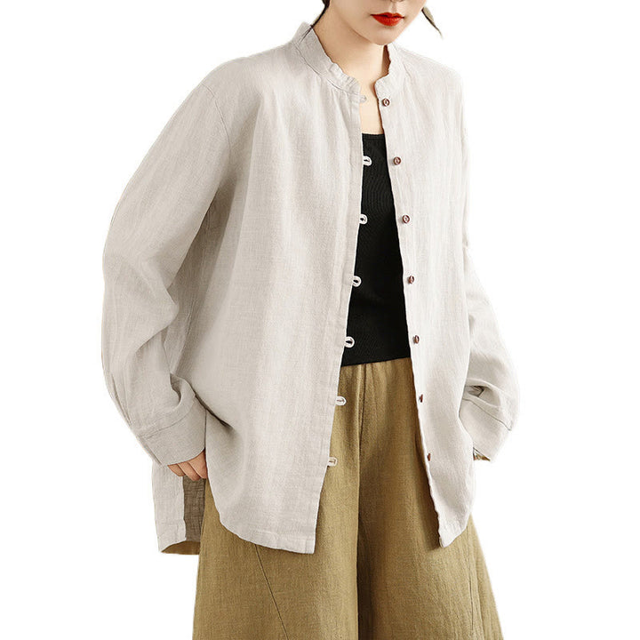 Buddha Stones Solid Color Front Buttons Design Long Sleeve Women's Cotton Linen Shirt - image 9