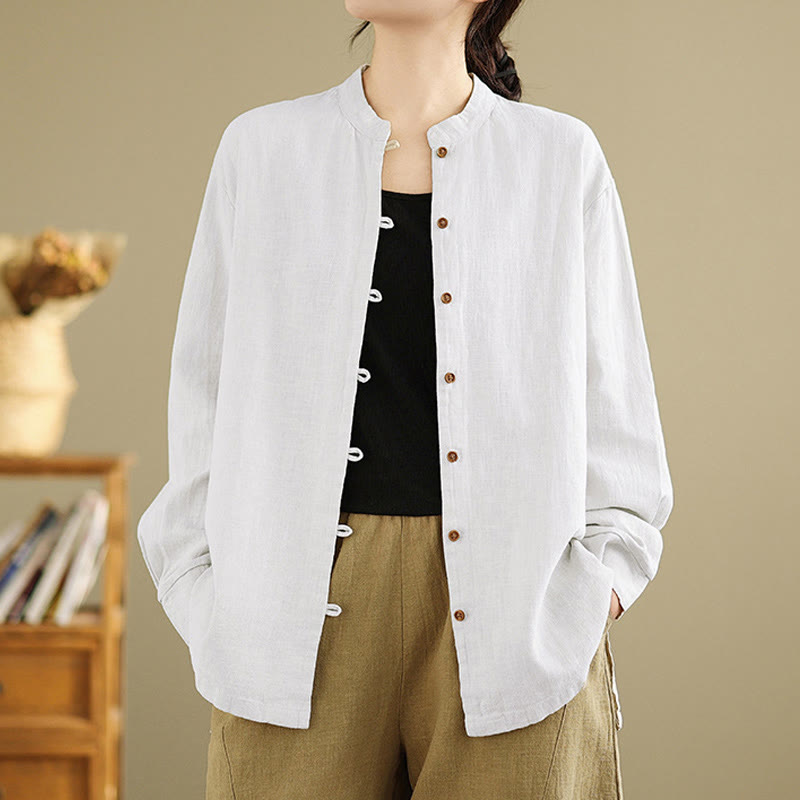 Buddha Stones Solid Color Front Buttons Design Long Sleeve Women's Cotton Linen Shirt - White - US14，UK/AU18，EU46 (2XL) - image 10