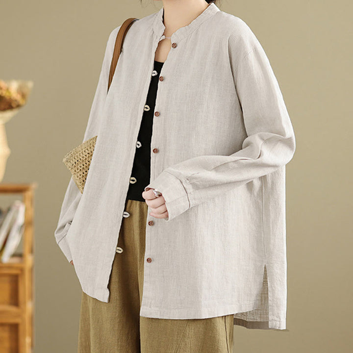 Buddha Stones Solid Color Front Buttons Design Long Sleeve Women's Cotton Linen Shirt - image 2