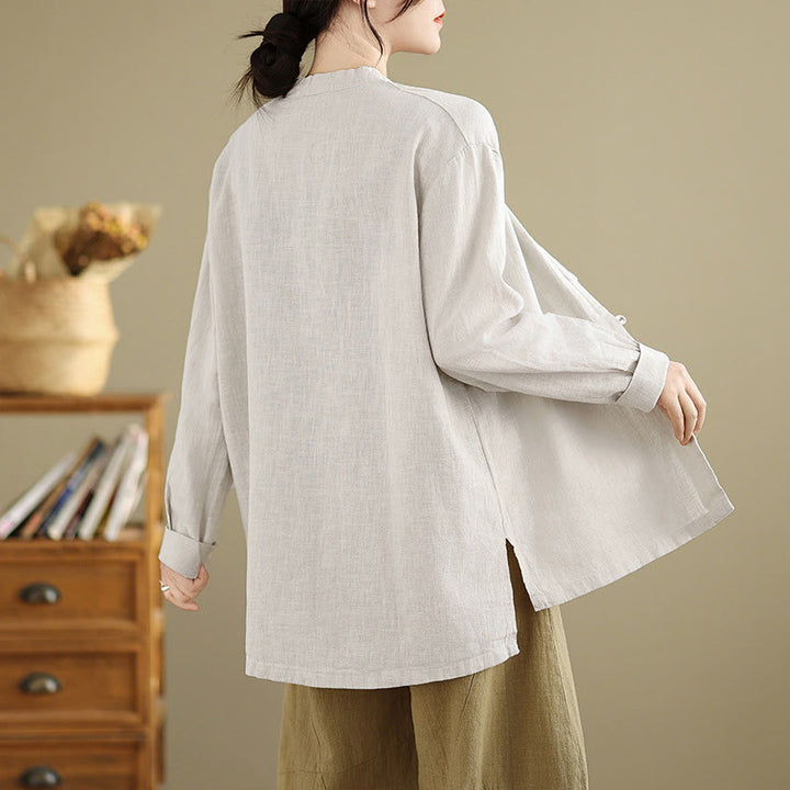 Buddha Stones Solid Color Front Buttons Design Long Sleeve Women's Cotton Linen Shirt - image 3