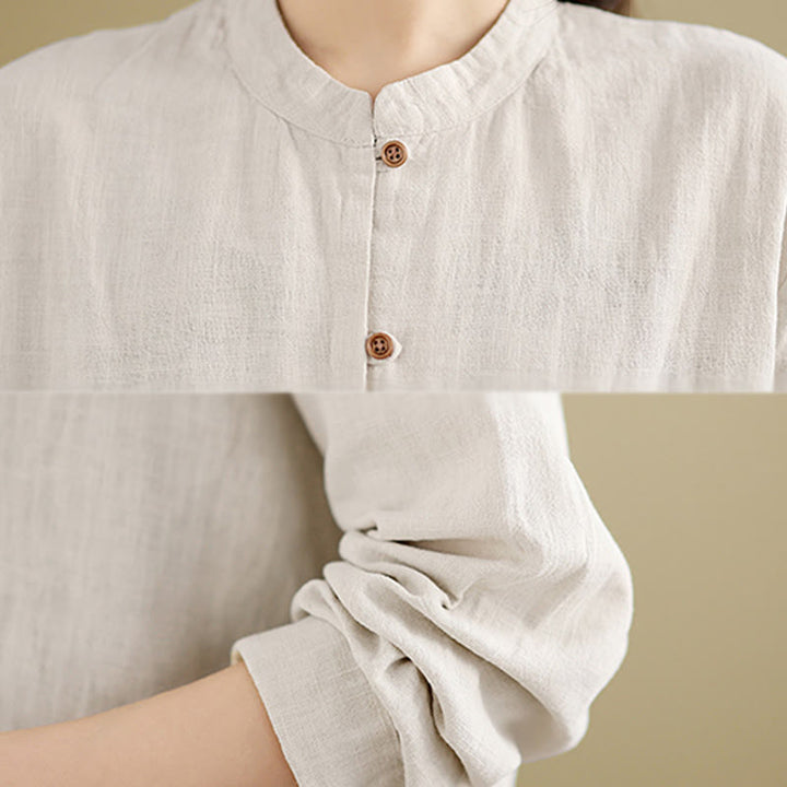 Buddha Stones Solid Color Front Buttons Design Long Sleeve Women's Cotton Linen Shirt - image 7