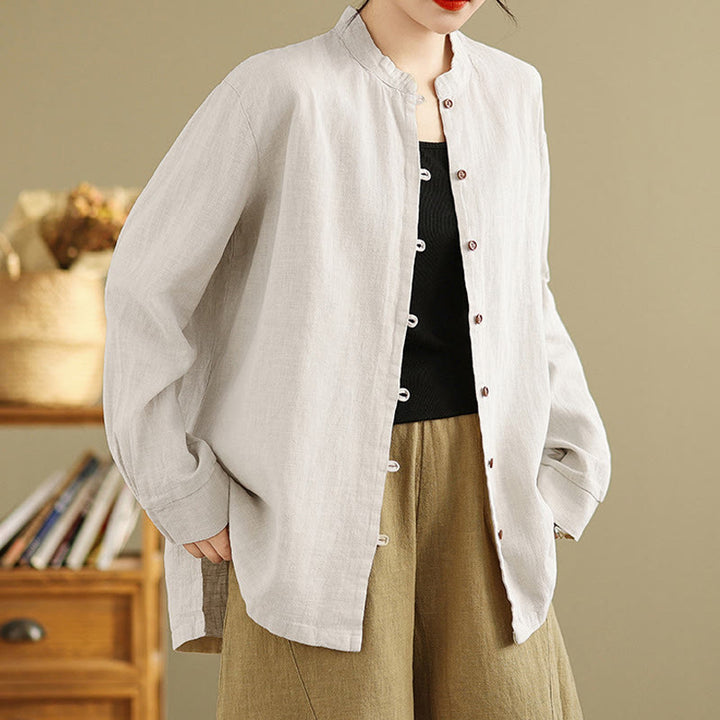Buddha Stones Solid Color Front Buttons Design Long Sleeve Women's Cotton Linen Shirt - Linen - US14，UK/AU18，EU46 (2XL) - image 1