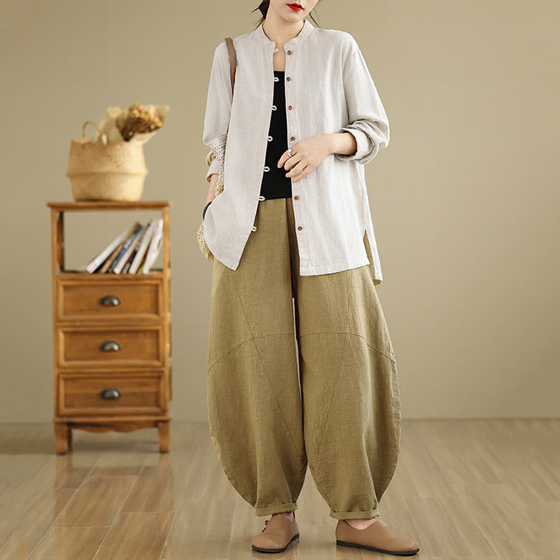 Buddha Stones Solid Color Front Buttons Design Long Sleeve Women's Cotton Linen Shirt - image 6