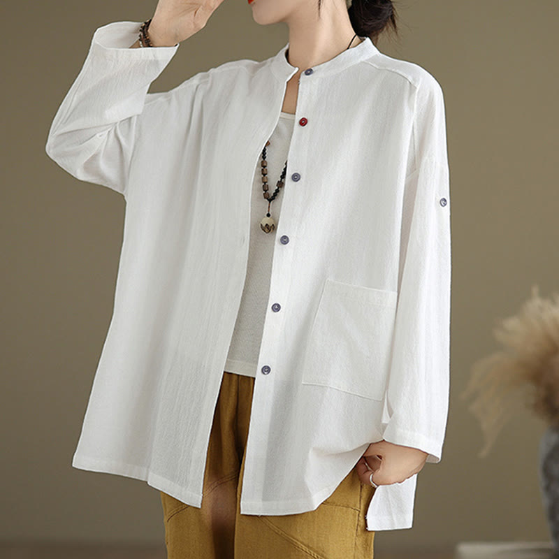 Buddha Stones Commute Pure Color Long Sleeve Women's Cotton Linen Shirt With Pocket - image 13