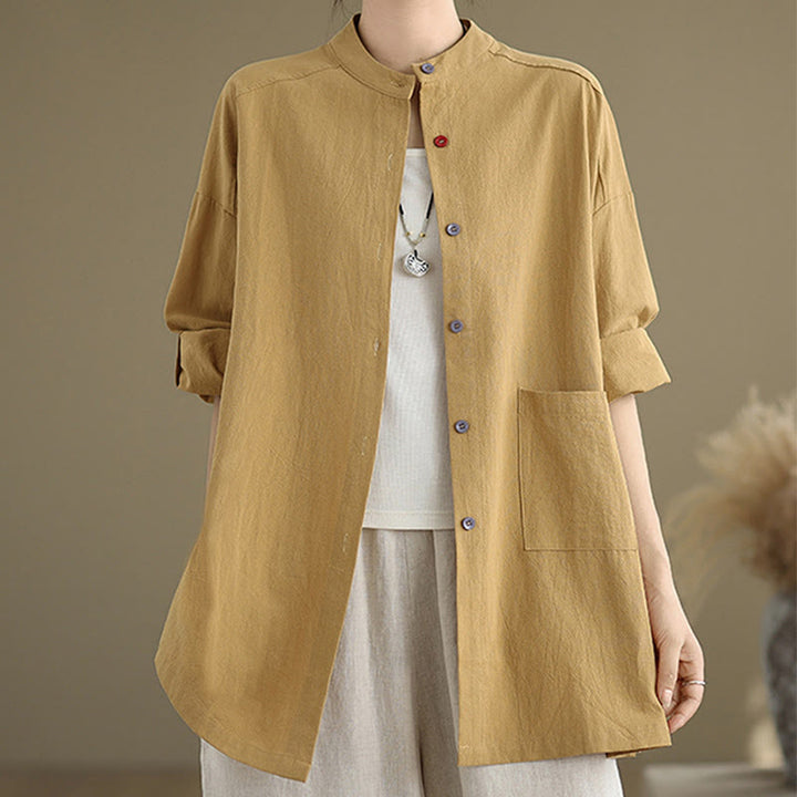 Buddha Stones Commute Pure Color Long Sleeve Women's Cotton Linen Shirt With Pocket - image 5