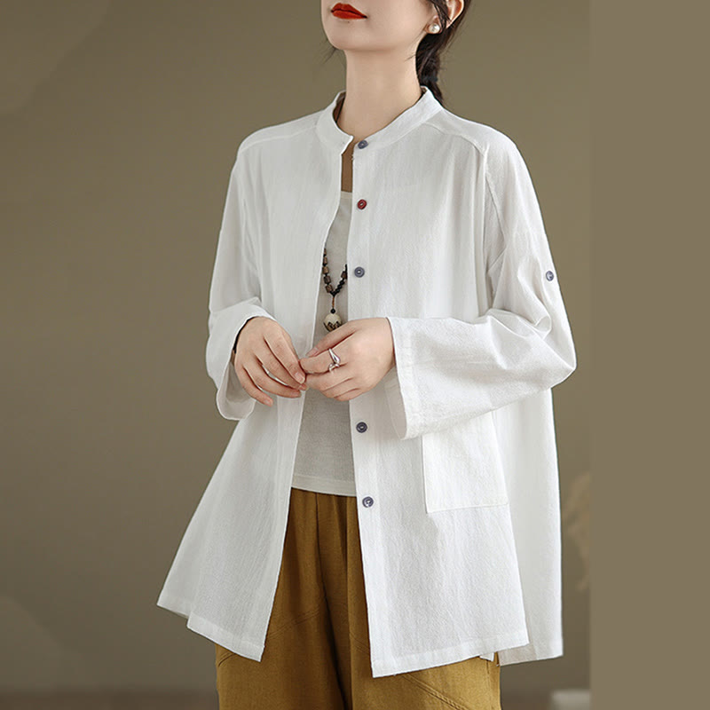 Buddha Stones Commute Pure Color Long Sleeve Women's Cotton Linen Shirt With Pocket - image 12