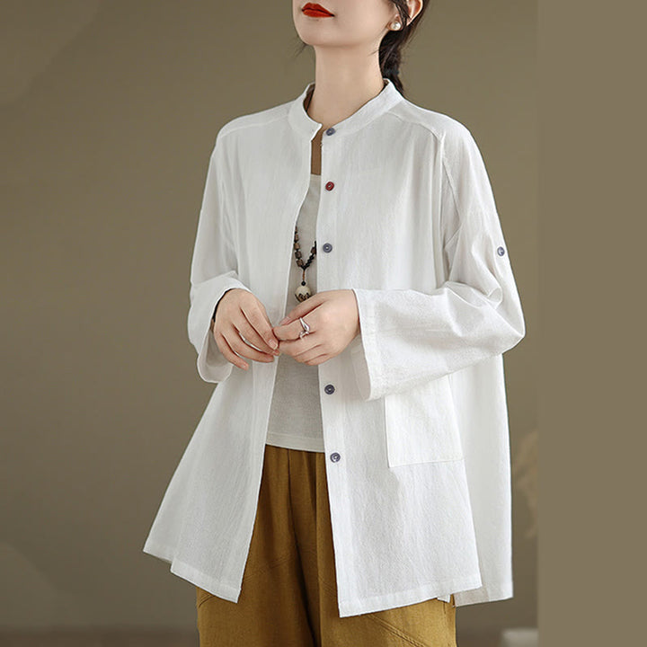 Buddha Stones Commute Pure Color Long Sleeve Women's Cotton Linen Shirt With Pocket - image 12