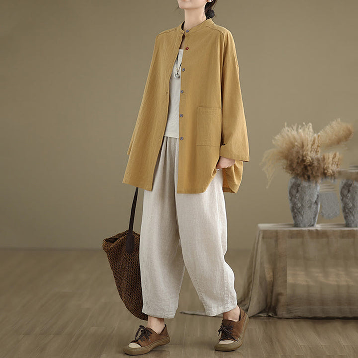 Buddha Stones Commute Pure Color Long Sleeve Women's Cotton Linen Shirt With Pocket - image 5