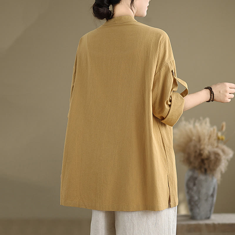 Buddha Stones Commute Pure Color Long Sleeve Women's Cotton Linen Shirt With Pocket - image 2