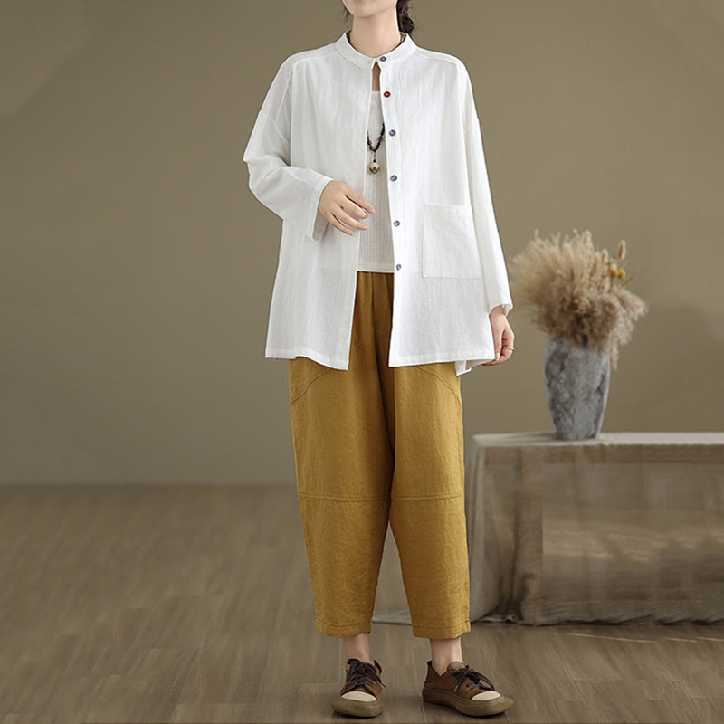 Buddha Stones Commute Pure Color Long Sleeve Women's Cotton Linen Shirt With Pocket - image 16