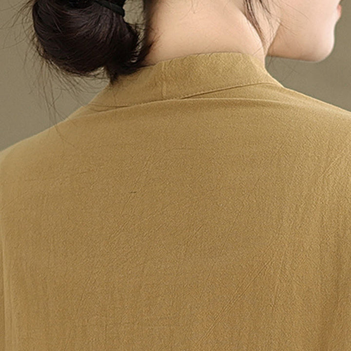 Buddha Stones Commute Pure Color Long Sleeve Women's Cotton Linen Shirt With Pocket - image 8