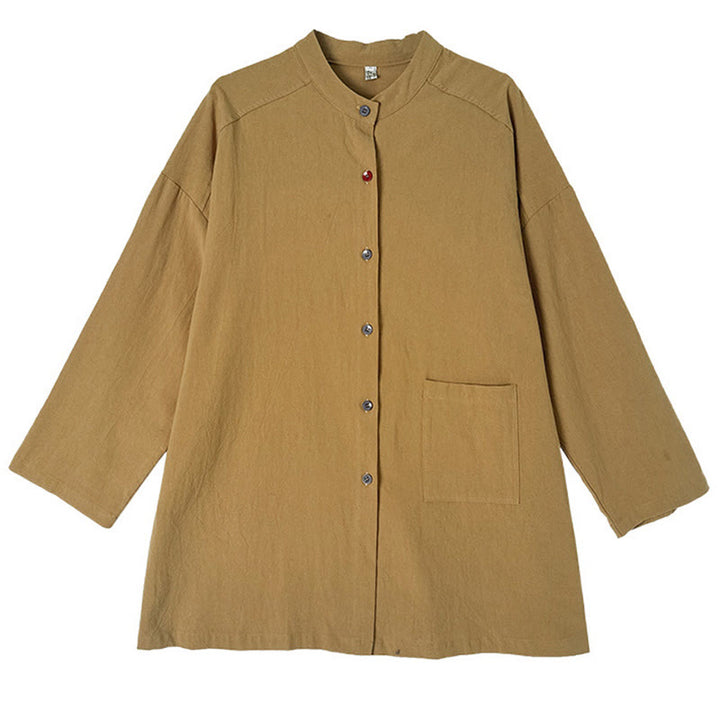 Buddha Stones Commute Pure Color Long Sleeve Women's Cotton Linen Shirt With Pocket - image 10