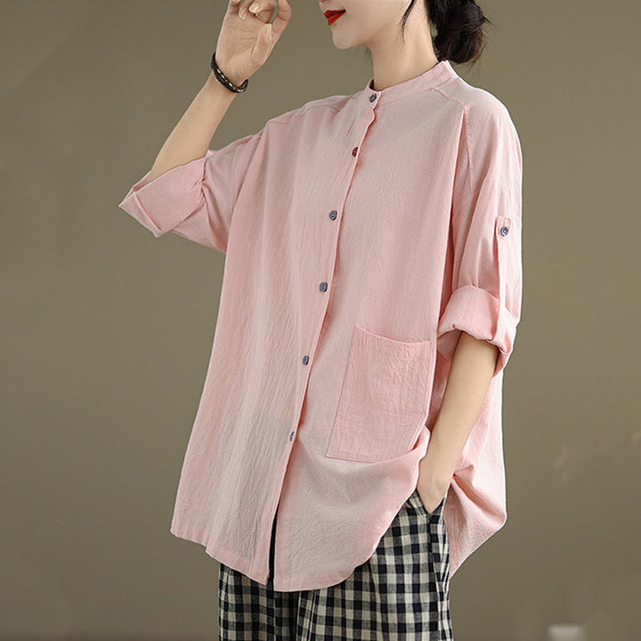 Buddha Stones Commute Pure Color Long Sleeve Women's Cotton Linen Shirt With Pocket - image 20