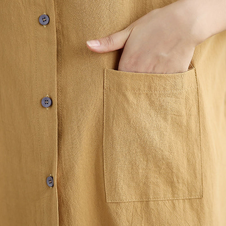 Buddha Stones Commute Pure Color Long Sleeve Women's Cotton Linen Shirt With Pocket - image 9